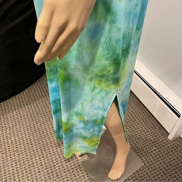 Tie dye 3X plus size tank maxi dress side slit blue green galaxy microrib - Picture 4 of 7